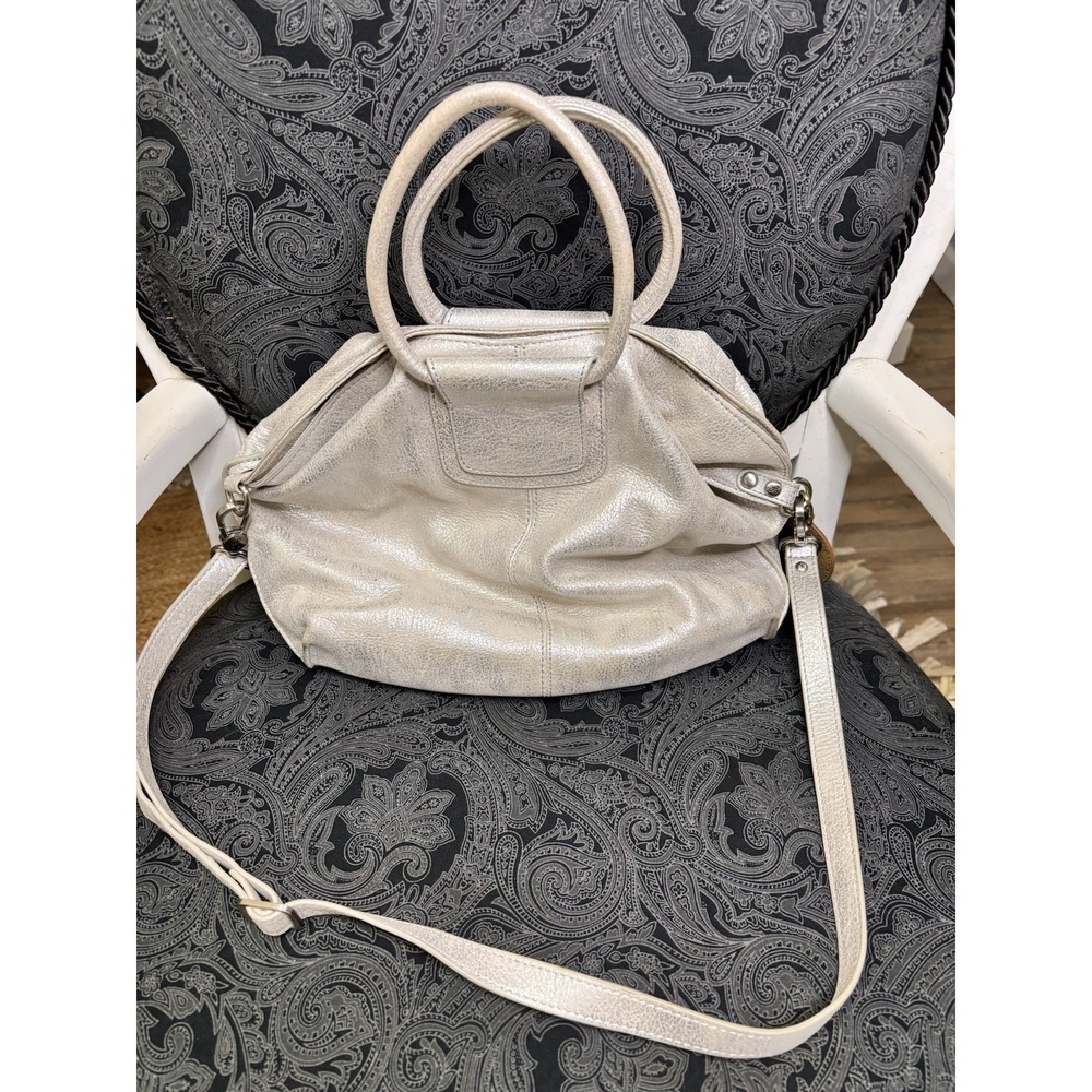 HOBO Metallic Silver Leather Satchel Top Handle Bag Crossbody Strap